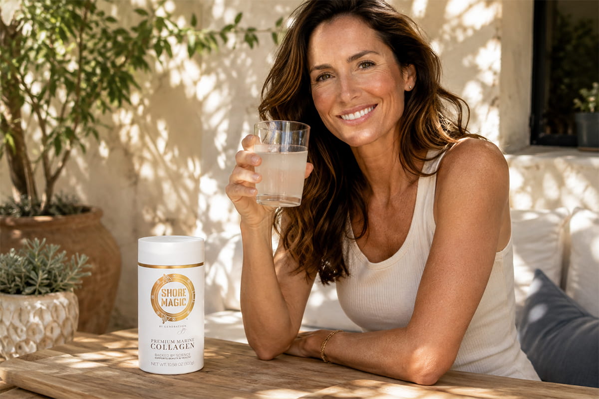 Woman in her 40s, smiling on a sunlit patio, holding a glass of water mixed with Shore Magic 